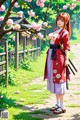 A woman in traditional attire stands on a path surrounded by cherry blossoms and greenery.